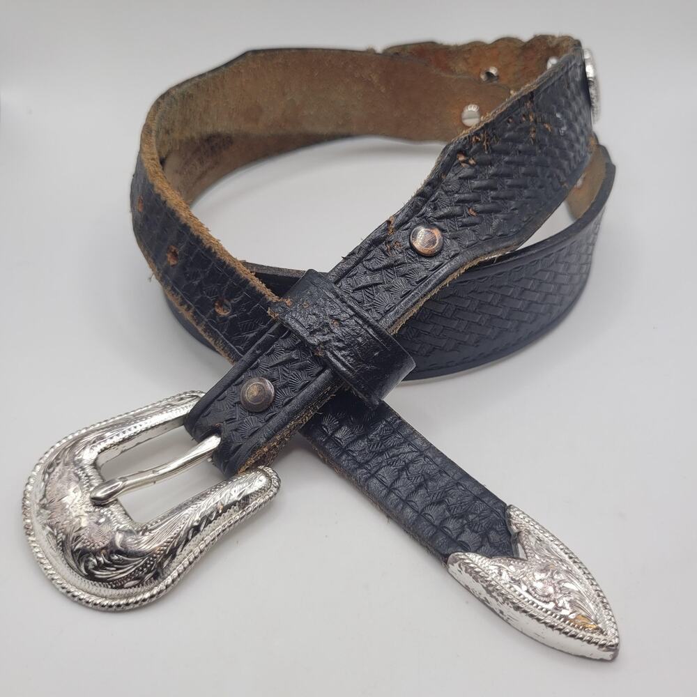 Silver Creek Belt Womens 32 Black Leather Western Heart Concho Boho Cowgirl USA
